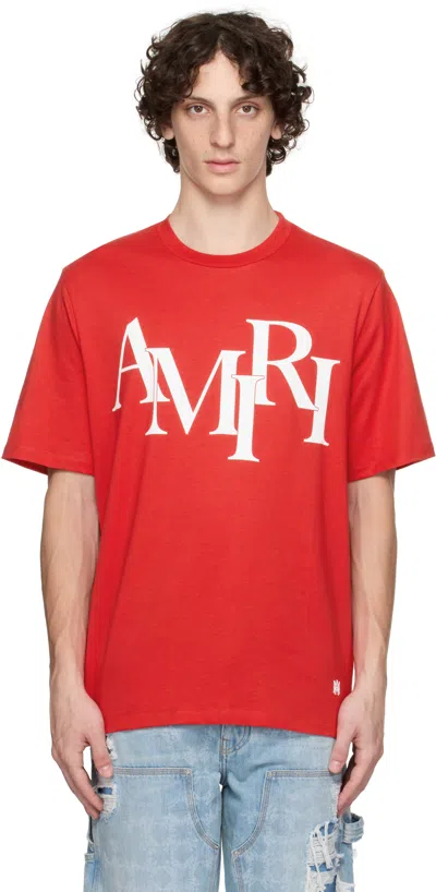 AMIRI RED 'AMIRI' STAGGERED LOGO T-SHIRT