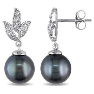 AMOUR AMOUR 10K WHITE GOLD EARRINGS: TAHITIAN BLACK PEARL, 1/10 CT DIAMOND DANGLES