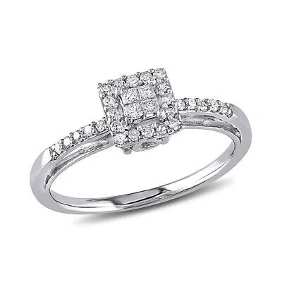 AMOUR AMOUR 1/5 CT TW PRINCESS CUT QUAD AND ROUND DIAMOND HALO ENGAGEMENT RING IN 10K