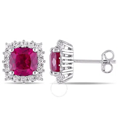 AMOUR AMOUR 4 7/8 CT TGW CREATED RUBY AND CREATED WHITE SAPPHIRE STUD EARRINGS IN STERLING SILVER