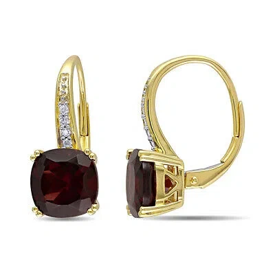 AMOUR AMOUR 6 1/6 CT TGW CUSHION CUT GARNET LEVERBACK EARRINGS WITH DIAMONDS IN 10K