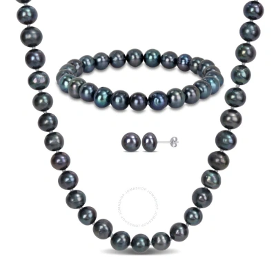 AMOUR AMOUR 7.5-8MM FRESHWATER CULTURED BLACK PEARL NECKLACE BRACELET AND EARRINGS SET IN STERLING SILVER