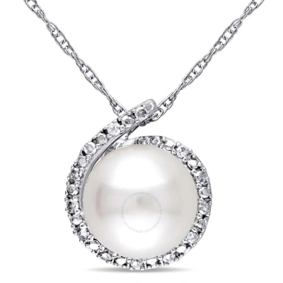 AMOUR AMOUR 8 - 8.5 MM WHITE CULTURED FRESHWATER PEARL AND DIAMOND HALO PENDANT WITH CHAIN IN 10K WHITE GO
