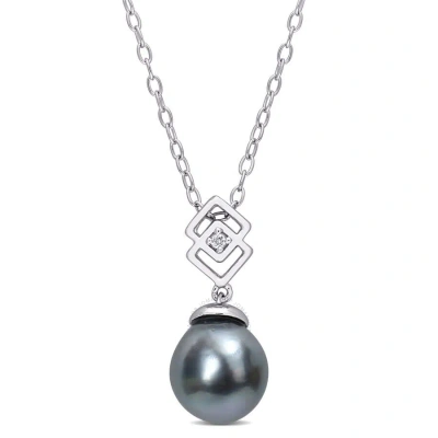 AMOUR AMOUR 8-9MM BLACK TAHITIAN CULTURED PEARL AND WHITE TOPAZ LOZENGE DROP PENDANT WITH CHAIN IN STERLIN