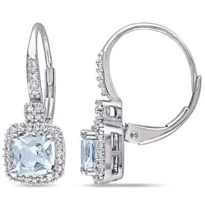 AMOUR AMOUR CUSHION CUT AQUAMARINE AND 1/5 CT TW DIAMOND HALO LEVERBACK EARRINGS IN