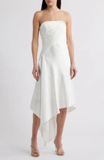 AMSALE AMSALE ASYMMETRIC STRAPLESS SATIN MIDI DRESS