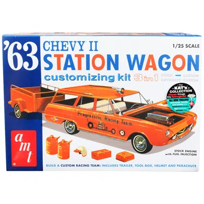 AMT 1-25 SCALE SKILL 2 MODEL KIT - 1963 CHEVROLET II STATION WAGON MODEL CAR WITH TRAILER 3-IN-1 KIT
