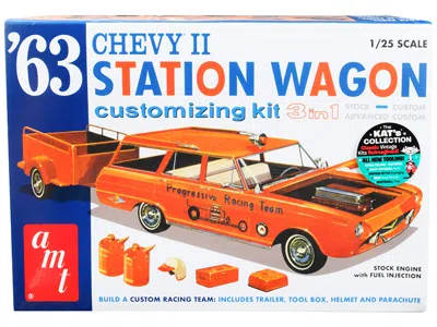 AMT SKILL 2 MODEL KIT 1963 CHEVROLET II STATION WAGON WITH TRAILER 3-IN-1 KIT 1/25 SCALE MODEL BY AMT