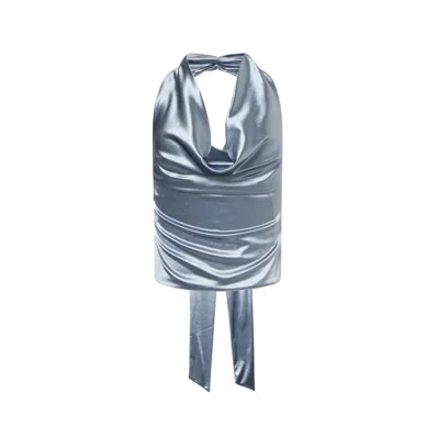 AMY LYNN WOMEN'S CARMEL BLUE SATIN HALTER COWL TOP