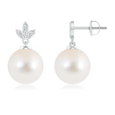 ANGARA ANGARA 10MM FRESHWATER PEARL EARRINGS WITH DIAMOND LEAF MOTIFS