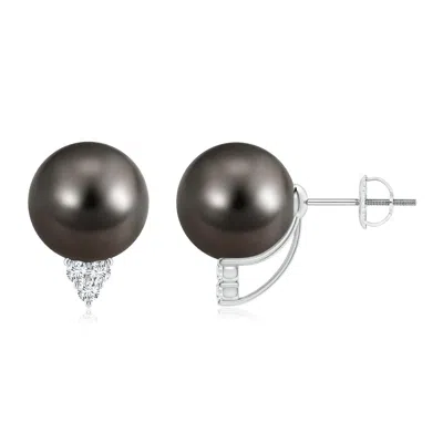 ANGARA ANGARA 10MM TAHITIAN PEARL EARRINGS WITH DIAMOND TRIO