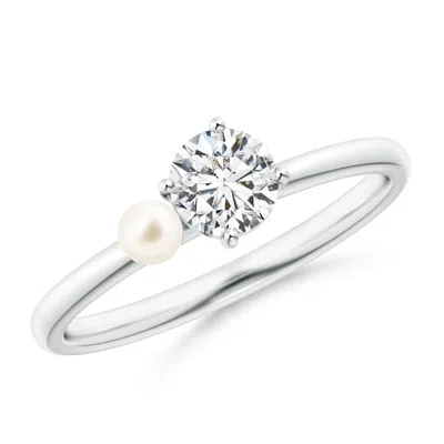 ANGARA ANGARA 3MM FRESHWATER PEARL & TILTED ROUND DIAMOND 2-STONE GRANDE ENGAGEMENT RING