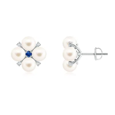 ANGARA ANGARA 5MM FRESHWATER PEARL FLORAL STUDS WITH BLUE SAPPHIRE