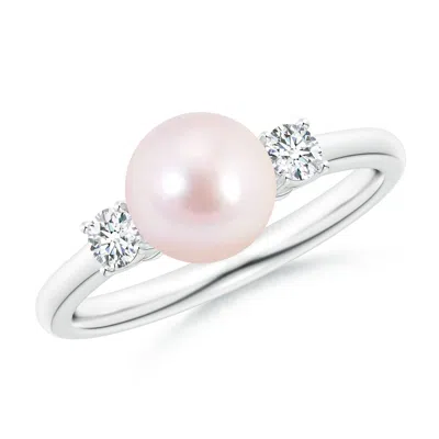 ANGARA ANGARA 7MM JAPANESE AKOYA PEARL THREE STONE RING WITH DIAMONDS