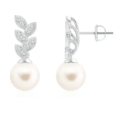 ANGARA ANGARA 8MM FRESHWATER PEARL & DIAMOND LEAF EARRINGS