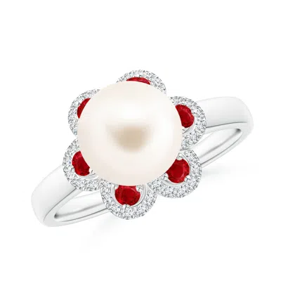 ANGARA ANGARA 8MM FRESHWATER PEARL FLORAL RING WITH RUBIES
