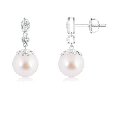 ANGARA ANGARA 8MM JAPANESE AKOYA PEARL EARRINGS WITH DIAMOND LEAF MOTIF