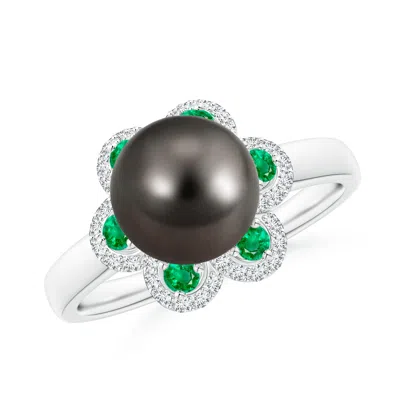 ANGARA ANGARA 8MM TAHITIAN PEARL FLORAL RING WITH EMERALDS