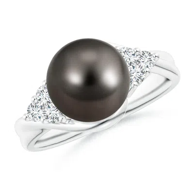 ANGARA ANGARA 9MM TAHITIAN PEARL BYPASS RING WITH DIAMOND TRIO