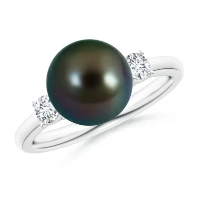 ANGARA ANGARA 9MM TAHITIAN PEARL THREE STONE RING WITH DIAMONDS