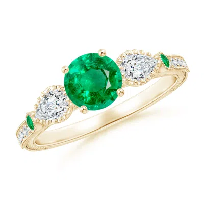 ANGARA AEON VINTAGE STYLE EMERALD AND DIAMOND THREE STONE ENGAGEMENT RING WITH MILGRAIN