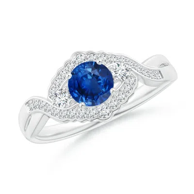 ANGARA AEON VINTAGE STYLE SAPPHIRE & DIAMOND FLORAL HALO THREE STONE ENGAGEMENT RING