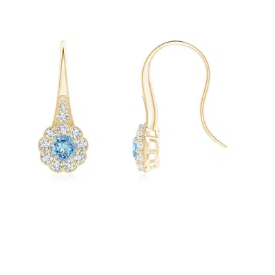 ANGARA AQUAMARINE AND DIAMOND HALO FISH HOOK EARRINGS WITH MILGRAIN