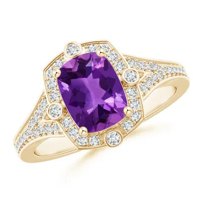 ANGARA ART DECO INSPIRED CUSHION AMETHYST RING WITH DIAMOND HALO