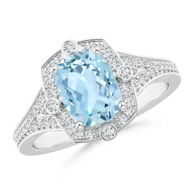 ANGARA ART DECO INSPIRED CUSHION AQUAMARINE RING WITH DIAMOND HALO