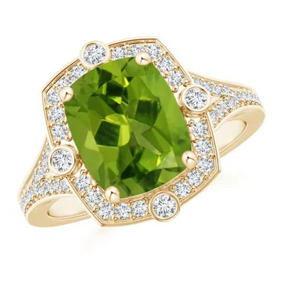 ANGARA ART DECO INSPIRED CUSHION PERIDOT RING WITH DIAMOND HALO