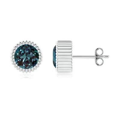 ANGARA BEZEL-SET SOLITAIRE ROUND LAB-GROWN ALEXANDRITE BEADED HALO STUDS