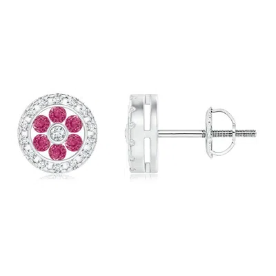 ANGARA CHANNEL-SET PINK SAPPHIRE FLOWER STUDS WITH DIAMOND HALO