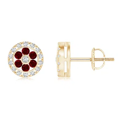 ANGARA CHANNEL-SET RUBY FLOWER STUDS WITH DIAMOND HALO