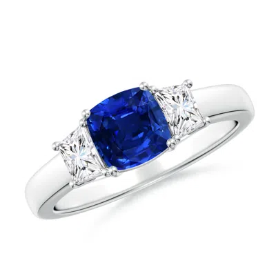 ANGARA CLASSIC CUSHION LAB-GROWN BLUE SAPPHIRE AND TRAPEZOID DIAMOND THREE STONE ENGAGEMENT RING