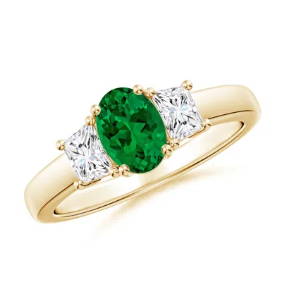 ANGARA CLASSIC OVAL LAB-GROWN EMERALD AND TRAPEZOID DIAMOND THREE STONE ENGAGEMENT RING