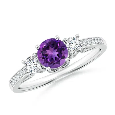 ANGARA CLASSIC PRONG SET ROUND AMETHYST AND DIAMOND THREE STONE RING