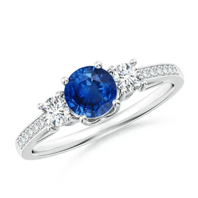 ANGARA CLASSIC PRONG SET ROUND BLUE SAPPHIRE AND DIAMOND THREE STONE ENGAGEMENT RING
