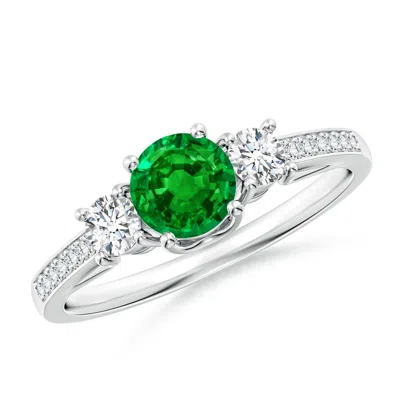 ANGARA CLASSIC PRONG SET ROUND EMERALD AND DIAMOND THREE STONE RING