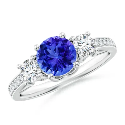ANGARA CLASSIC PRONG SET ROUND TANZANITE AND DIAMOND THREE STONE ENGAGEMENT RING