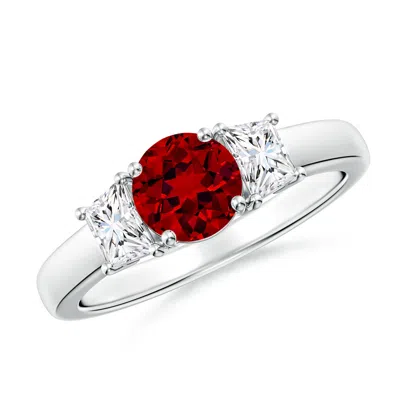 ANGARA CLASSIC ROUND LAB-GROWN RUBY AND TRAPEZOID DIAMOND THREE STONE ENGAGEMENT RING