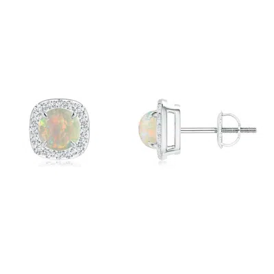 ANGARA CLAW-SET CABOCHON OPAL AND DIAMOND CUSHION HALO EARRINGS