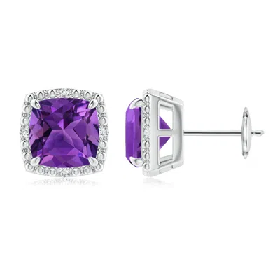 ANGARA CLAW-SET CUSHION AMETHYST BEADED HALO STUD EARRINGS