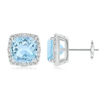 ANGARA CLAW-SET CUSHION AQUAMARINE BEADED HALO STUD EARRINGS