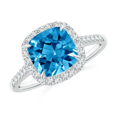 ANGARA CLAW-SET CUSHION SWISS BLUE TOPAZ AND DIAMOND HALO RING