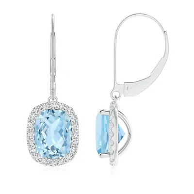 ANGARA CUSHION AQUAMARINE LEVERBACK EARRINGS WITH DIAMOND HALO