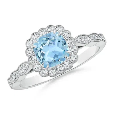 ANGARA CUSHION AQUAMARINE RING WITH FLORAL HALO