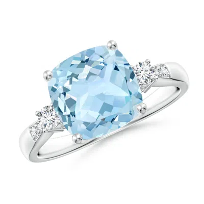 ANGARA CUSHION AQUAMARINE SOLITAIRE RING WITH DIAMOND ACCENTS