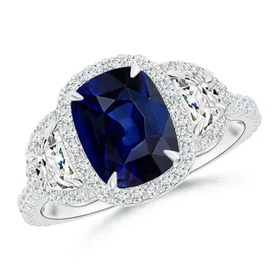ANGARA CUSHION BLUE SAPPHIRE AND HALF MOON DIAMOND HALO RING