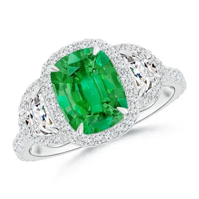 ANGARA CUSHION EMERALD AND HALF MOON DIAMOND HALO RING