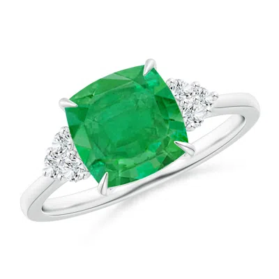 ANGARA CUSHION EMERALD ENGAGEMENT RING WITH TRIO DIAMONDS
